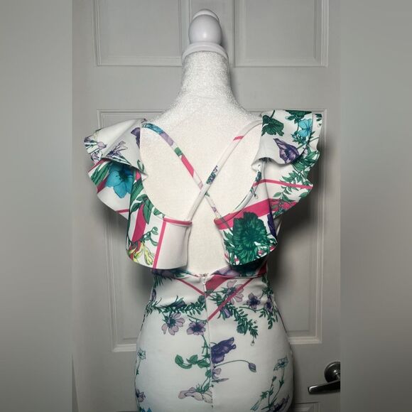 ASOS Floral Scuba Midi Dress Ruffle Mermaid Size 0 - Picture 4 of 8